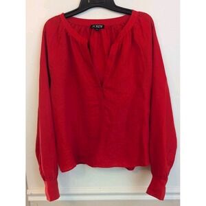 J Crew Cabana Top 100% Linen Women's Size L Red Balloon Sleeve Workwear Flowy